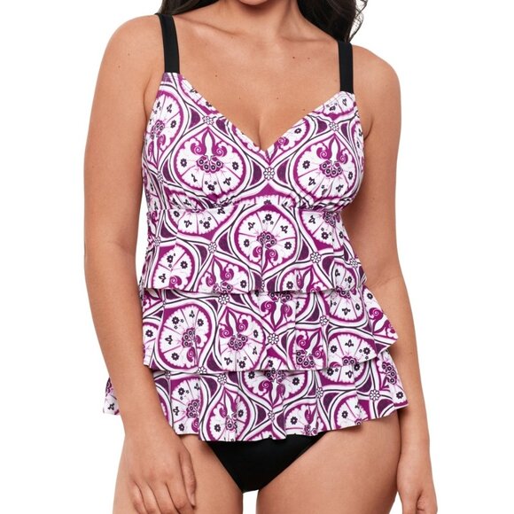 Swim Solutions Tiered Fauxkini One-Piece Swimsuit - Purple Print - Picture 1 of 3